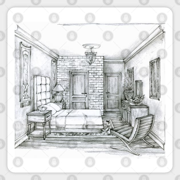 Traditional Bedroom. Monochrome Pencil Sketch Magnet by ArchiTania